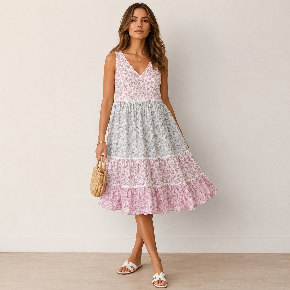 LoveShackFancy for Target Floral Tiered Midi Dress Pink Mint Lace Trim XXS
